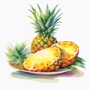 An Pineapple fruit with a slice cut out, placed on a plate or tray with other fruits or desserts , Watercolor, pastels, clipart, beautiful, colourfull, png transparent white background, high resolution, no caption q4 s2