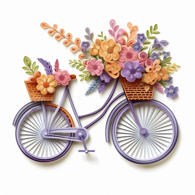 clip art, quilling art style, bicycle with flowers coming out of the basket, high detail, white background fade to edges, sticker
