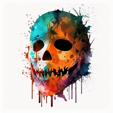 scary halloween mask watercolour tempera clipart illustration, vivid dark colours, clean, crisp, smooth, white background