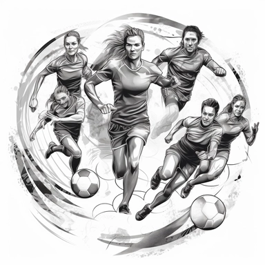 a black and White line art clipart of male and female soccer playersin action. They players should have a dynamic strong look. Arrange the players in a circular collage setup
