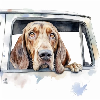 close up high detailed, Hand drawn watercolor clipart of Bracco Italiano looking outside a moving car window, on a pure white background for background removal, no shadow, no paint splash