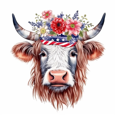 Clipart on white background of a long haired femaile highland cow wearing a USA flag bandana tied on its head and surrounded by red white and blue daisies.