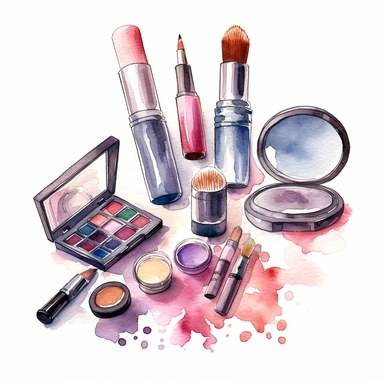 Beauty cosmetic watercolor clipart on a white background, showcasing an array of makeup items such as lipstick, eyeshadow palette, mascara, and makeup brushes, depicted in a gentle watercolor style with vibrant colors and soft edges