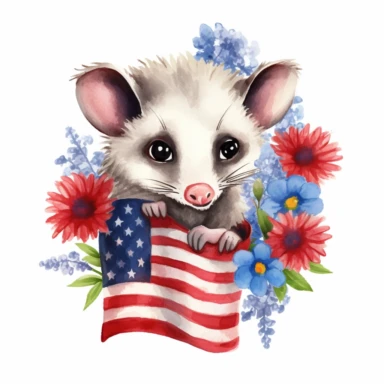 clipart on a white background of a cute watercolor opossum with large eyes wearing a red white and blue daisies and holding an american flag