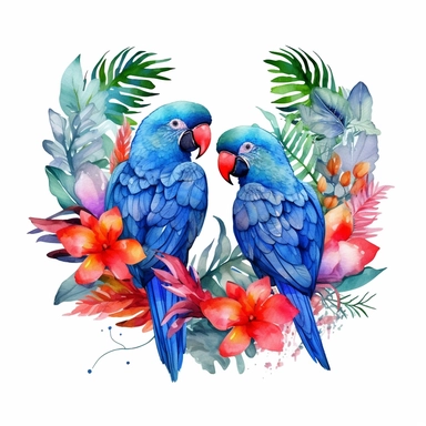 watercolor clipart, two blue Eclectus Parrots in love with tropical gardens, sweet hearts around, watercolor sublimation design, Sublimation Clipart, hyper realistic, intricate detail, illustration style, isolated on white background for removing background, Super-Resolution, Megapixel
