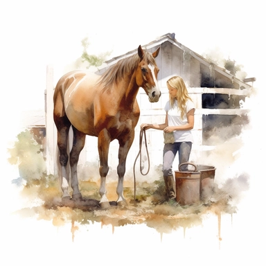 realistic watercolor drawing of a farmer girl brushing a horse on a charming California farm, on a white background where the background will be removed to repurpose as a clipart.