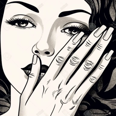 nail salon clipart of manicured hands next to elegant womans face, black and white