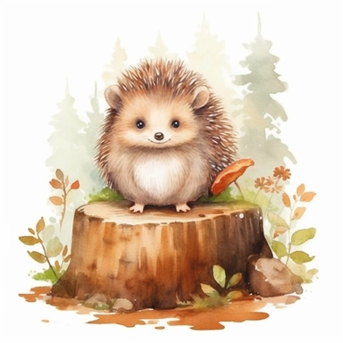 Create a captivating watercolor clipart illustration of a very cute and endearing hedgehog in its natural forest habitat. The illustration should be rendered in a soft pastel watercolor style, with exceptional attention to detail, crystal-clear high focus, and an ultra HD 16K resolution. Please ensure the image showcases the hedgehog's charm and innocence, with all the delicate watercolor textures and intricate details vividly displayed against a solid white background