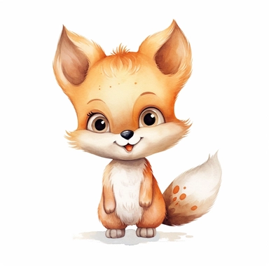 a friendly baby fox with smiling face and kind eyes clipart with watercolor illustration,full body shot,8k,etsy style, white background