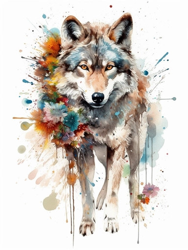 White background. Wild Flowers Watercolor Clipart. And a large timber wolf, expression pose, proud stance. abstract, colorful and detailed. Lined pencil illustration, ornamental watercolor, and a simple painting one brushstroke representing breaking free spiritually. Gears, studio light, quill pen. Ink splatter, air bubbles, in the style of Jan van Huysum’s paintings, with a lush arrangement of ecosystems, sunlight, surrounded by forest, play of lighting and plant whimsical captivating detail. M