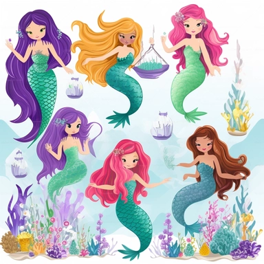 enchanting Cartoon Magical Mermaid Clipart! Dive into a world of whimsy and wonder with these detailed and adorable mermaid illustrations. Each mermaid is meticulously designed with charming features, vibrant colors, and intricate details that will captivate both children and adults alike. With a white background, these clipart images are versatile these cute and lovable mermaids are sure to make a splash! Let your imagination swim free with our delightful mermaid clipart