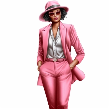 African american women wearing pink suit and fedora hat Boss lady clipart modern fashion style anatomically correct realistic isolated white background