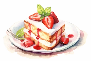 picturesque,a bright simple strawberry sponge cake on dish in family restaurant, mint, clipart on white background, watercolor style,detailing, high quality, painted by Beatrix Potter, 8k