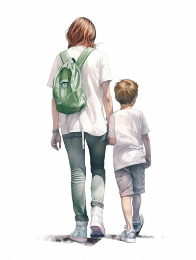 hyper realistic backview of mother with her child, clipart for mothersday, watercolor illustration, color palette Dry dock,extra white, fleeting green, loveable, requisite gray ,realistic,symmetry,png white background