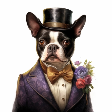 Playful Boston Terrier dressed in a charming Victorian-inspired waistcoat and bowtie, bringing a touch of whimsy to the scene. Against the pristine white background, this well-dressed pup captures the essence of Victorian fashion with a modern twist. Clipart, watercolor, white background, intricate detail, unreal engine cinematic smooth