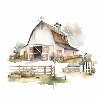 pretty white painted barn clipart, painted white, pretty charming farmyard setting with plants trees and farm accessories, fence, detailed watercolor illustration, light color palette, farmyard accessories, isolated on white background