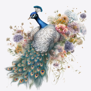 a peacock displaing in the style of James Christensen, summer flowers ,clipart, watercolor style, fantasy, ultra detailed, white plain background, single object, print on demand image, PNG transparent background, white background for removing background, 8k