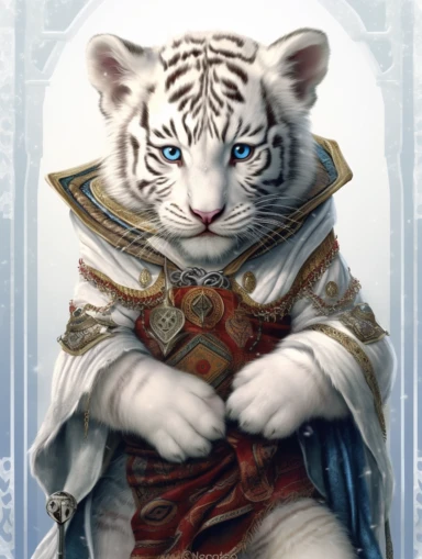 tarot card with white tiger Cub as Jedi master, clipart png, WHITE BACKGROUND, photorealistic, painting, watercolor, 8k, ultra details,
