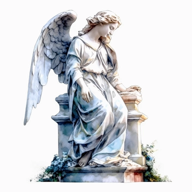 angel statue watercolour in the style of digital airbrushing, realistic yet stylized, digitally enhanced, elaborate costumes, 32k uhd, clipart, white background