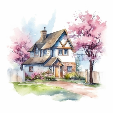 Vector clipart, isolated on white background, beautiful lovely Watercolor cute little colorful house, spring time , ornated, pastel colors, small England village