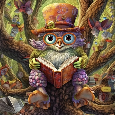 COMIC/CARTOON fantasy magical wacky owl reading books in a huge tree,large eyeglasses, hats, muted colors, swirls, twists, twirls, metallic, glitter, stylized, funny, centered, airbrushed, digital oil, detailed illustration, clip art, cartoon, 8k, ar 9:8