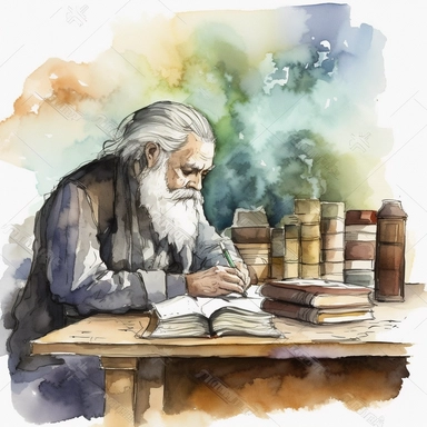 looking at an old man with a beard sitting at a table writing with a fountain pen with a stack of books also on the table watercolor clipart--no text no watermark