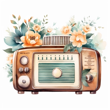 Retro Radio, vintage, flowers, watercolor, retro, clipart, white background