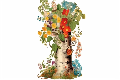 Vintage 1920 detailed Birch Tree Trunk With Flowers Illustration, Chromolithograph, Die Cut, 1920s Illustration, Vintage, Chromolithograph, Colorful, Antique, Ephemera, Clipart, 8k, Isolated on white