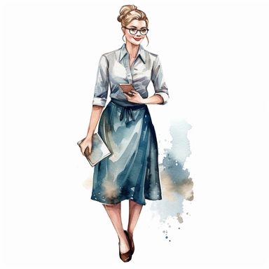 watercolour clipart of a beautiful woman class teacher, full length, high quality, very high details , white background