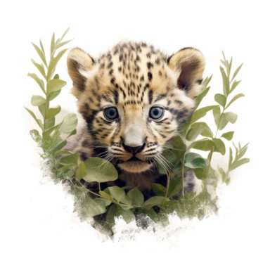 cute leopard cub, peeking out from behind a bush, muted tones, clipart, on a white background