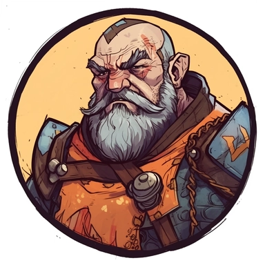 A Dungeons & Dragons character portrait circular tondo depicting a grizzled dwarven dwarf Sean Connery Indiana Jones, Craig Mullins Ashley Wood Bernard Buffet Josh Kirby, Mad Max Lord of the Rings Discworld, handpainted punk zine indie retrowave, clipart illustration, circular solid background circular border