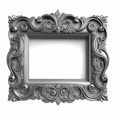 A single vintage silver frame clipart with a glossy, reflective finish and a rounded rectangular shape. The intricate details of the frame are highlighted by the shine of the silver, creating a modern and sleek look. The background is a soft gray with a subtle texture, adding depth and dimension to the design. [1], [2], [3], [4], photography, Close-up macro photography with a wide-angle lens, creating a shallow depth of field and emphasizing the intricate details of the frame. Shot on a Canon EO