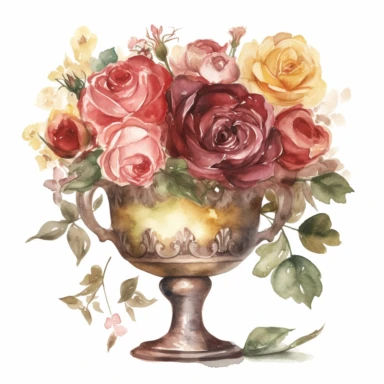 Design a watercolor clipart vignette of roses in a vase, showcasing the elegance and charm of these flowers in the Michelangelo-inspired Watercolor Haven style on a white background. The rich color palette, intricate details, and harmonious composition make this design suitable for various creative endeavors.