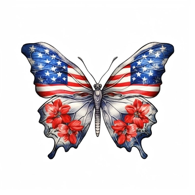 high quality watercolor clipart of a american flag floral Butterfly, realistic watercolor painting, seperated on a white background