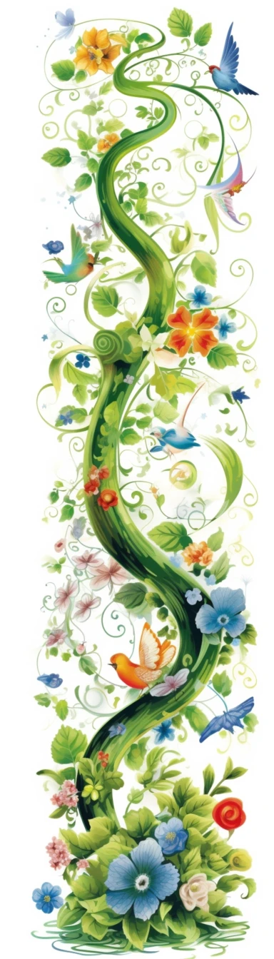 clipart — flora and fauna royalty illustration image, watercolor, sprout, chit, green 20%, in the style of abstraction, white background, Asian dragons, colorful curves, 32k uhd, chalk, symmetrical, asymmetry, landscape, Spring flowers, spring grass, flying birds, vertical format