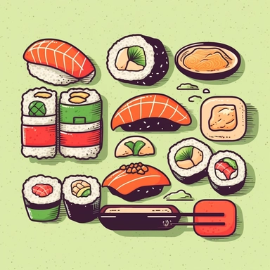 Envision a delightful hand-drawn clipart featuring a sushi feast. The sushi rolls are rich in color and detail: a vivid tuna roll, a beautifully textured eel nigiri, and a classic California roll. Each piece is carefully illustrated to bring out its unique features. A small pot of wasabi and pickled ginger add to the overall aesthetic. The entire image is presented on a contrasting white background, making the vibrant sushi rolls stand out even more.