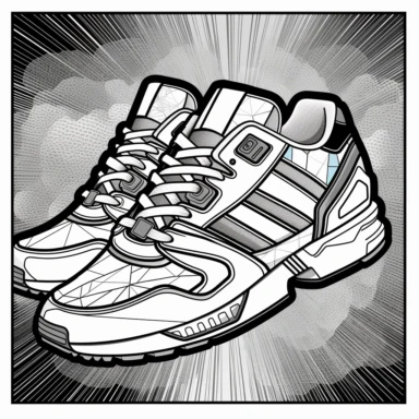 Coloring Page clipart black and white, no fill, Adidas ZX Torsion and box label, glitter patterns, Geometric style