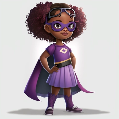 full body image of a cute, happy, smiling little girl with light hair in realistic cartoon style, hands on hips, looking forward with a black superhero eye mask and in a lilac dress, in clipart style
