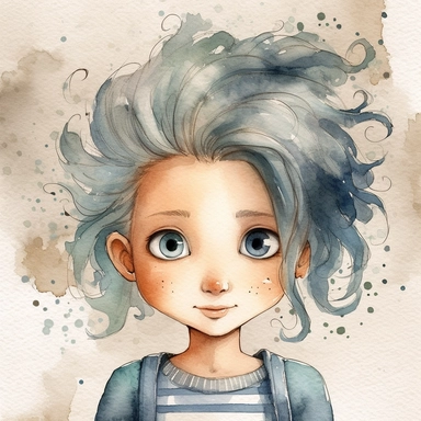 watercolour clipart of a girl, with crazy brawn hair, blue-gray eyes, the sweet and scatterbrained dreamer, with a great sense of humor. She immerses herself in the world of digital design, creating exquisite papers for scrapbook albums. Though she may of