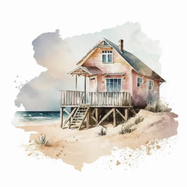 Beach house clipart watercolour isolated on white