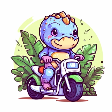 Create a clipart of a cute dinosaur riding a motorcycle. Vibrant and lively colors. Kawaii style. Jungle trees before a White Background, soft lighting.