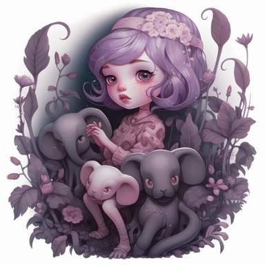 a girl with purple hair and animal companions, in the style of moody tonalism, lush and detailed, artgerm, childlike innocence, made of vines, violet and light gray, gary baseman, clipart, flat background