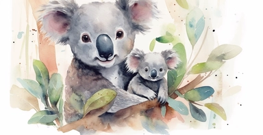 cute happy mom and baby koala, clipart, watercolor, full body, with trees on the background