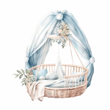 realistic watercolor boho woven baby Crib Mobile, isolated white background, babyshower clipart, 8k, white and light blue colors