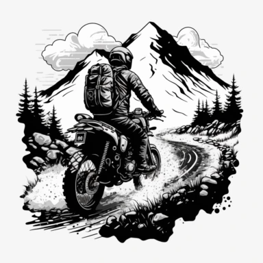 Clipart style image with Adventure motorcycle drawn using thin, black lines on a white background on a single track road, the rider is standing and the motorcycle has soft luggage. The trail itself is winding and full of obstacles like mud and rocks. The background is a bright white color, making the dark lines of the motorcycle and the surrounding landscape stand out in contrast.