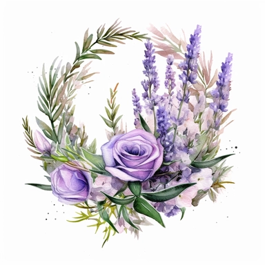 with white background, art Watercolor, Watercolor Crescent bouquet lavender and rosemary floral clipart, hd, high detailed, forest green and lavender purple hue, delicate petals, pastel, muted, soft, subtle, romantic, dreamy, ultra details, high resulution, dynamic lighting, rendering, photo realistic, lightroom gallery, cinematic lighting