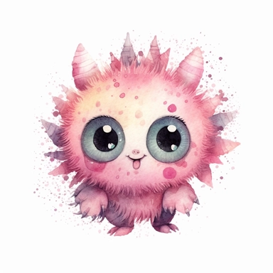 watercolour illustration, cute baby monster, big eyes, smiling, pastel, pale pink, aquarrellist, clipart, isolated, white background,