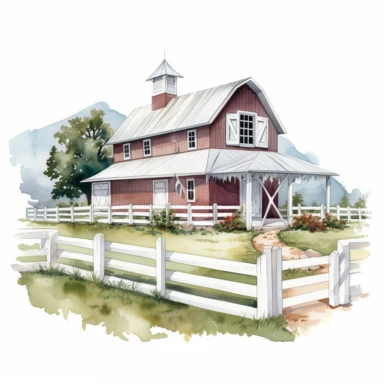 Clipart, a painting of a white barn with a white fence, a digital rendering by Laura Wheeler Waring, white background, shutterstock contest winner, american scene painting, detailed painting, watercolor, digital illustration