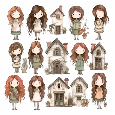 cottage cute girls clipart set, color hand drawn illustration, white background