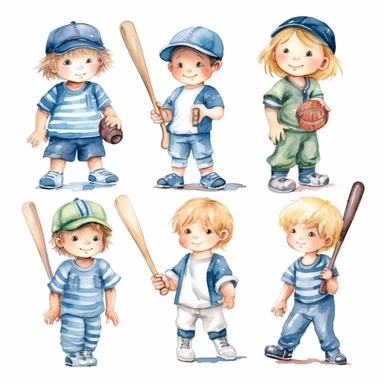 Watercolor cute little baseball players , illustrations clipart set, simple, christmas colors , cartoon elements ,different variants , separate elements with a margin, 4k, high resolution